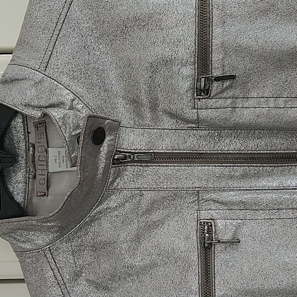 Chico's Silver Metallic Genuine Leather Moto Jacket Chico's 2 (US L or 12) - Picture 4 of 9